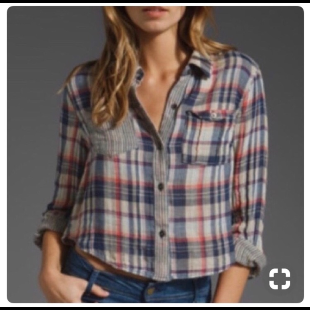 Free People Cropped Plaid Button Down Shirt size M